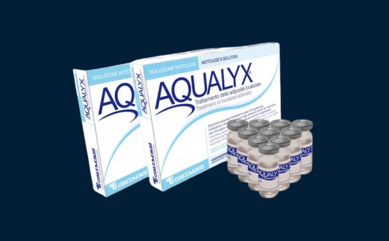 Close-up of Aqualyx fat dissolving injection vial used for non-surgical body contouring at Millennium Clinic KL