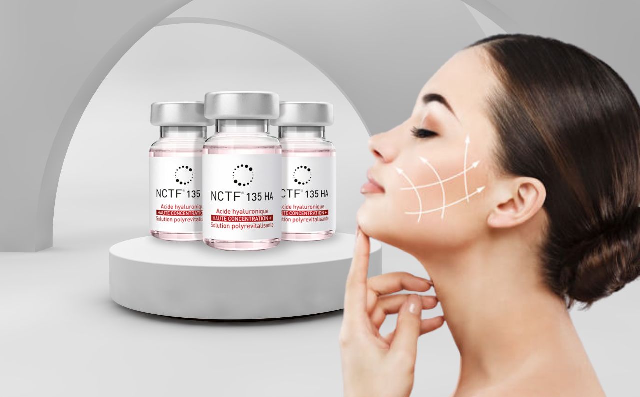 Vials of NCTF 135 HA beside a woman with lifted, rejuvenated skin