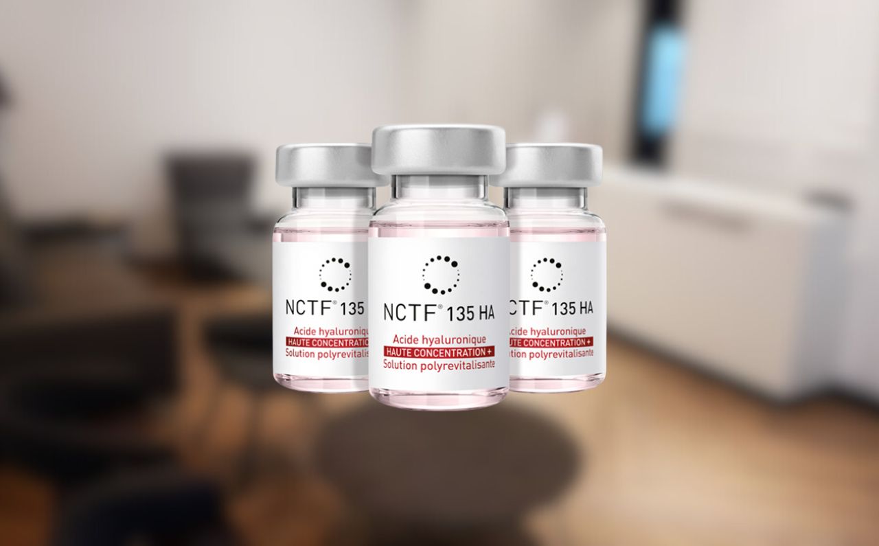 Vials of NCTF 135 HA used in skin rejuvenation treatments.