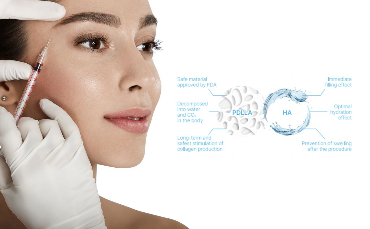 Woman with glowing skin beside a detailed diagram explaining how JuveLook treatment works beneath the surface.