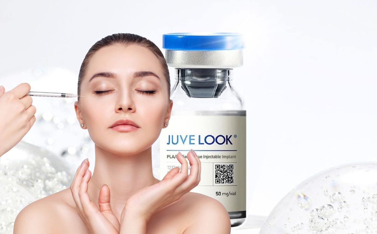 A woman with glowing, youthful skin after JuveLook treatment, with a JuveLook bottle in the background.