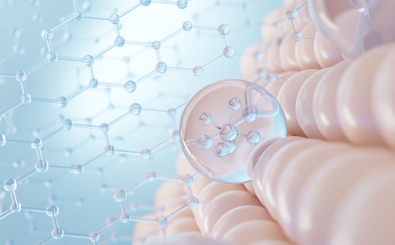 Illustration of water molecules penetrating the skin’s surface, symbolising hydration, collagen stimulation, and the rejuvenating benefits of Radiesse treatment.