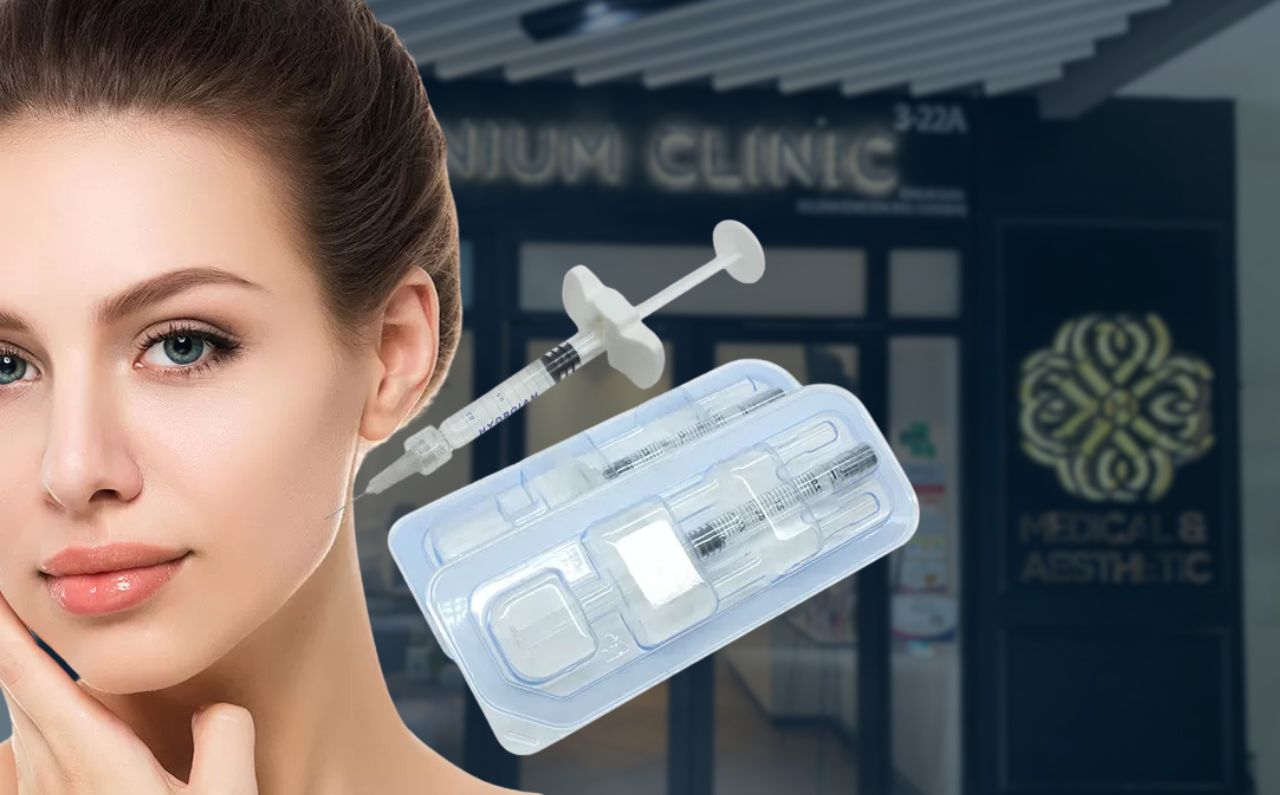 Close-up of a smiling woman with plump, hydrated skin and HA filler syringes beside her, representing hyaluronic acid filler treatments at Millennium Clinic KL for natural, youthful results.