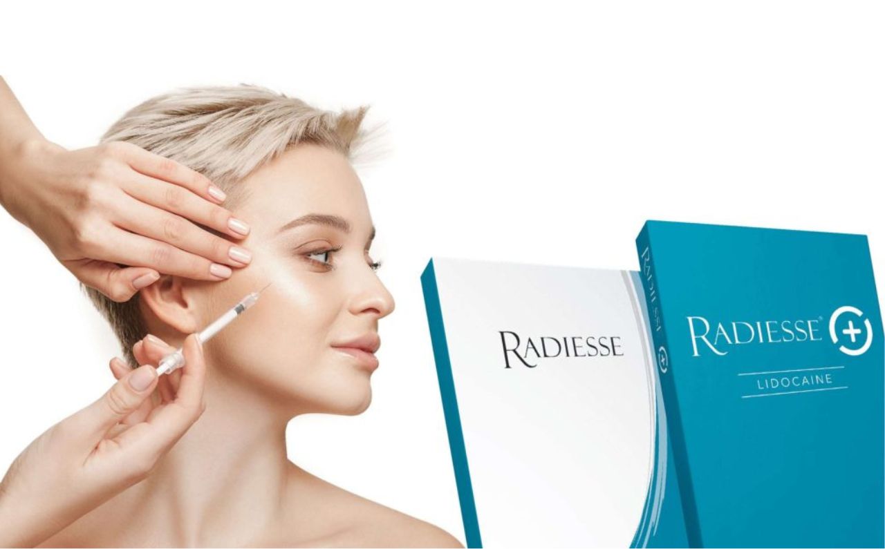 Close-up of a woman’s skin showing acne scars alongside a Radiesse filler product, illustrating how Radiesse can help improve skin texture and reduce the appearance of acne scars at Millennium Clinic KL.